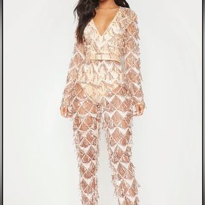 Size 8 Rose Gold Tassel Sequin Plunge Jumpsuit from Pretty Little Thing